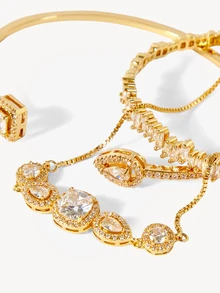 Opalesca 3pcs/Set Open Bangle Bracelets, Made Of 18K Gold Plated Copper With Zirconia, Beloved By Charming Girls - Gold - View 4
