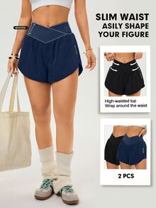 Velisys Velisys Casual Versatile Asymmetrical Waist Design Slimming Letter Print Sports Shorts 2pcs Set - Multicolor - View 2