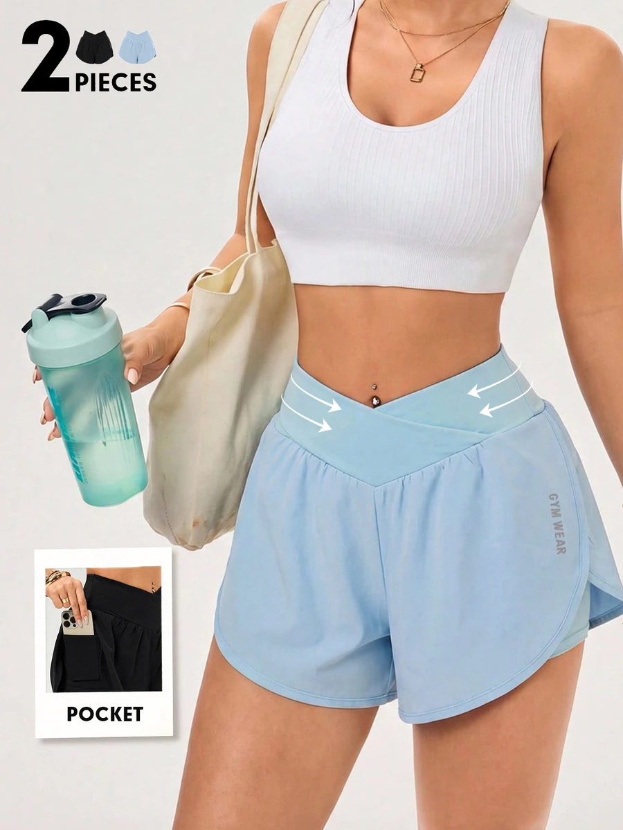 Velisys Velisys 2pcs Low Waisted Athletic Modest Versatile Asymmetrical Waist Design Slimming Letter Print Sports Shorts 2-Piece Set Gym Black Sky Blue Summer Cardio