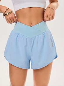 Velisys Velisys 2pcs Low Waisted Athletic Modest Versatile Asymmetrical Waist Design Slimming Letter Print Sports Shorts 2-Piece Set Gym Black Sky Blue Summer Cardio - Multicolor - View 7