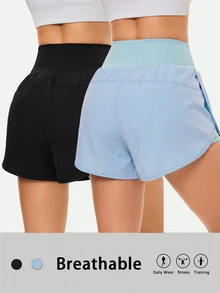 Velisys Velisys 2pcs Low Waisted Athletic Modest Versatile Asymmetrical Waist Design Slimming Letter Print Sports Shorts 2-Piece Set Gym Black Sky Blue Summer Cardio - Multicolor - View 6