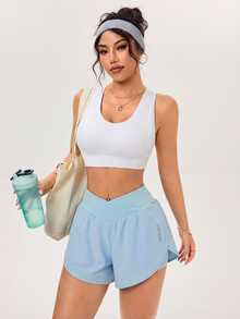 Velisys Velisys 2pcs Low Waisted Athletic Modest Versatile Asymmetrical Waist Design Slimming Letter Print Sports Shorts 2-Piece Set Gym Black Sky Blue Summer Cardio - Multicolor - View 9