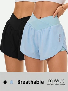 Velisys Velisys 2pcs Low Waisted Athletic Modest Versatile Asymmetrical Waist Design Slimming Letter Print Sports Shorts 2-Piece Set Gym Black Sky Blue Summer Cardio - Multicolor - View 5