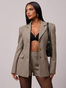 Radiana Women's Houndstooth Lapel NeckLong Sleeve Jacket And Shorts Suit Set - Multicolor - View 1