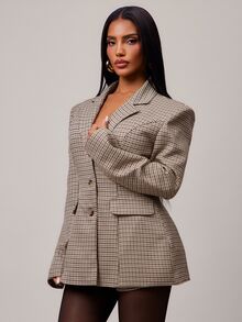 Radiana Women's Houndstooth Lapel NeckLong Sleeve Jacket And Shorts Suit Set - Multicolor - View 7