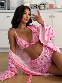 ZzzCrew 3件套荷叶边袖口红印花系带家居服睡袍套装，粉色 - 粉色 - 查看 1