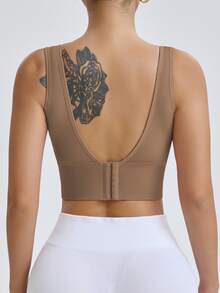Gameset SHEIN Sport Women Seamless High Intensity Sports Bra,Coffee Brown Summer Athleisure Gym Racerback Workout Yoga Running Bra With Sewn-In Pads High Impact Support - Camel - View 8