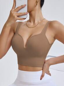 Gameset SHEIN Sport Women Seamless High Intensity Sports Bra,Coffee Brown Summer Athleisure Gym Racerback Workout Yoga Running Bra With Sewn-In Pads High Impact Support - Camel - View 7