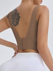 Gameset SHEIN Sport Women Seamless High Intensity Sports Bra,Coffee Brown Summer Athleisure Gym Racerback Workout Yoga Running Bra With Sewn-In Pads High Impact Support - Camel - View 11