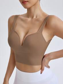Gameset SHEIN Sport Women Seamless High Intensity Sports Bra,Coffee Brown Summer Athleisure Gym Racerback Workout Yoga Running Bra With Sewn-In Pads High Impact Support - Camel - View 12