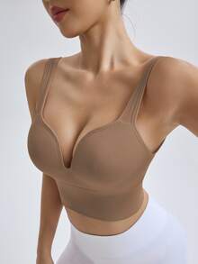 Gameset SHEIN Sport Women Seamless High Intensity Sports Bra,Coffee Brown Summer Athleisure Gym Racerback Workout Yoga Running Bra With Sewn-In Pads High Impact Support - Camel - View 10