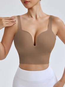 Gameset SHEIN Sport Women Seamless High Intensity Sports Bra,Coffee Brown Summer Athleisure Gym Racerback Workout Yoga Running Bra With Sewn-In Pads High Impact Support - Camel - View 9
