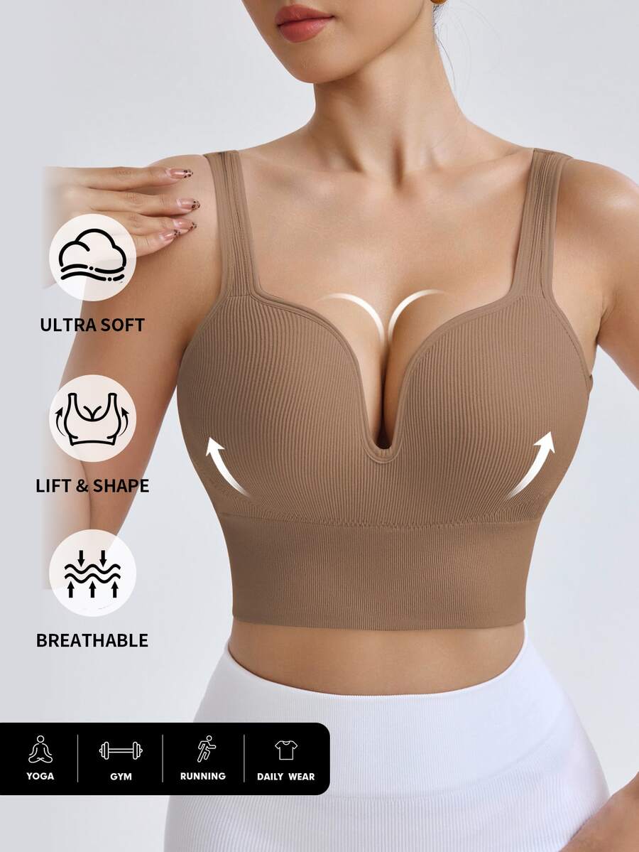 Gameset SHEIN Sport Women Seamless High Intensity Sports Bra,Coffee Brown Summer Athleisure Gym Racerback Workout Yoga Running Bra With Sewn-In Pads High Impact Support
