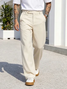 Manfinity CasualCool Men's Plus-Size Casual Pleated Wide-Leg Trousers Light Beige Breathable Straight-Leg Summer Trouser - Apricot - View 4