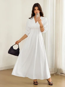 SHEIN Tall فستان طويل بلون موحد بياقة على شكل حرف V وأكمام منتفخة وطيات مطوية - أبيض - مشاهدة 7