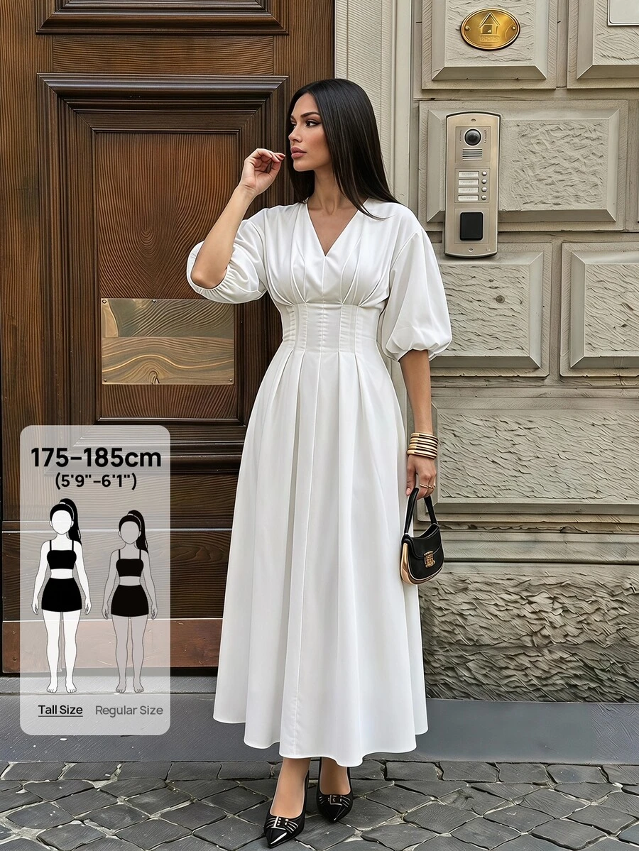 SHEIN Tall فستان طويل بلون موحد بياقة على شكل حرف V وأكمام منتفخة وطيات مطوية - أبيض - مشاهدة 1