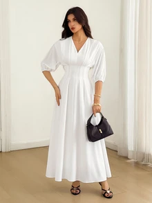 SHEIN Tall فستان طويل بلون موحد بياقة على شكل حرف V وأكمام منتفخة وطيات مطوية - أبيض - مشاهدة 9