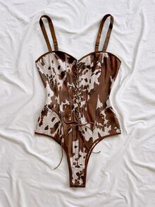 Soleia Women's Plus Size Cow Print Casual Sexy Western Vacation Bodysuit Club Night Pink Leopard Print Summer - Multicolor - View 3