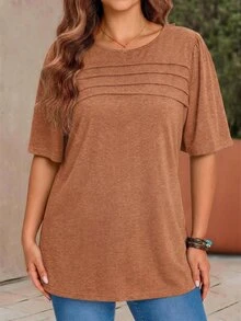 Rosumi Kaos Wanita Ukuran Besar Warna Polos Leher Bulat Kasual Serbaguna untuk Perjalanan Sehari-hari - Rust Brown - View 4