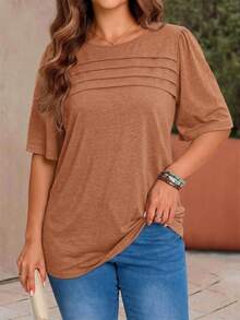 Rosumi Kaos Wanita Ukuran Besar Warna Polos Leher Bulat Kasual Serbaguna untuk Perjalanan Sehari-hari - Rust Brown - View 2