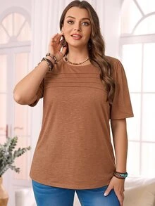 Rosumi Kaos Wanita Ukuran Besar Warna Polos Leher Bulat Kasual Serbaguna untuk Perjalanan Sehari-hari - Rust Brown - View 1