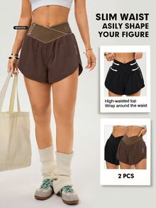 Velisys Velisys Casual Versatile Asymmetrical Waist Design Slimming Letter Print Sports Shorts 2-Piece Set - Multicolor - View 3