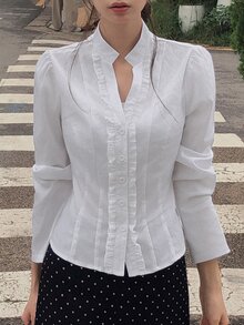 DAZY 純色翻領修身短袖白色女款襯衫 - 白色 - 查看 1