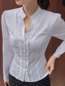 DAZY 純色翻領修身短袖白色女款襯衫 - 白色 - 查看 5