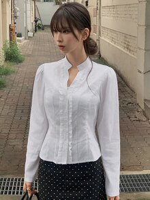 DAZY 純色翻領修身短袖白色女款襯衫 - 白色 - 查看 6