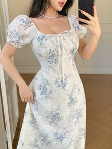 DAZY 2024夏季碎花泡泡袖收腰雪纺连衣裙，法式优雅长款连衣裙，波西米亚风度假装扮 - 彩色 - 查看 4
