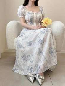 DAZY 2024夏季碎花泡泡袖收腰雪纺连衣裙，法式优雅长款连衣裙，波西米亚风度假装扮 - 彩色 - 查看 11