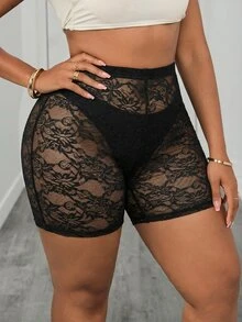 SHEIN PETITE CURVE CURVE 大尺碼女款黑色夏季透視蕾絲單車短褲，高腰緊身褲，適合電音派對、小個子休閒度假 - 黑色 - 查看 6