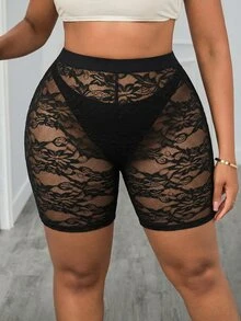 SHEIN PETITE CURVE CURVE 大尺碼女款黑色夏季透視蕾絲單車短褲，高腰緊身褲，適合電音派對、小個子休閒度假 - 黑色 - 查看 4
