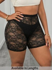 SHEIN PETITE CURVE CURVE 大尺碼女款黑色夏季透視蕾絲單車短褲，高腰緊身褲，適合電音派對、小個子休閒度假 - 黑色 - 查看 1