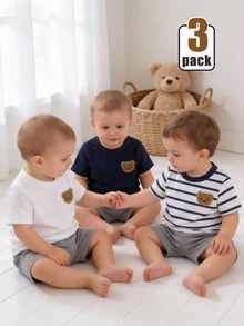 SHEIN 2 Random Pcs Baby Boys New Fashion Comfortable Minimalist Striped Print Short Sleeve, Design Logo Print Top, Spring/Summer Style, Summer Style - Multicolor - View 3