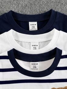 SHEIN 2 Random Pcs Baby Boys New Fashion Comfortable Minimalist Striped Print Short Sleeve, Design Logo Print Top, Spring/Summer Style, Summer Style - Multicolor - View 5