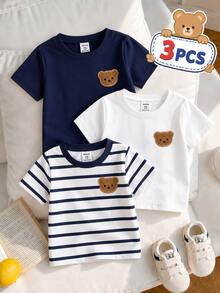 SHEIN 2 Random Pcs Baby Boys New Fashion Comfortable Minimalist Striped Print Short Sleeve, Design Logo Print Top, Spring/Summer Style, Summer Style - Multicolor - View 1