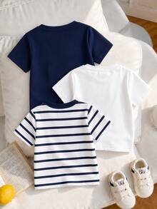SHEIN 2 Random Pcs Baby Boys New Fashion Comfortable Minimalist Striped Print Short Sleeve, Design Logo Print Top, Spring/Summer Style, Summer Style - Multicolor - View 2