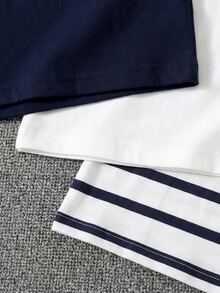 SHEIN 2 Random Pcs Baby Boys New Fashion Comfortable Minimalist Striped Print Short Sleeve, Design Logo Print Top, Spring/Summer Style, Summer Style - Multicolor - View 6