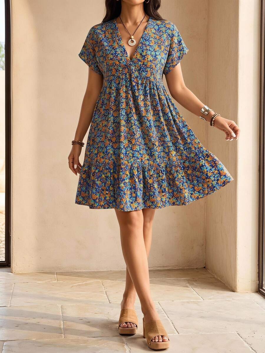 SHEIN LUNE Plus Size Ditsy Floral Short Casual Summer Vacation Dress Boho Sleeve Women Dress,Holiday Outfits For - Blue - View 1