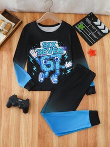 SHEIN 2件組兒童青少年男孩休閒日常舒適印花圓領套頭睡衣上衣與長褲針織居家服緊身套裝 - 黑色 - 查看 2