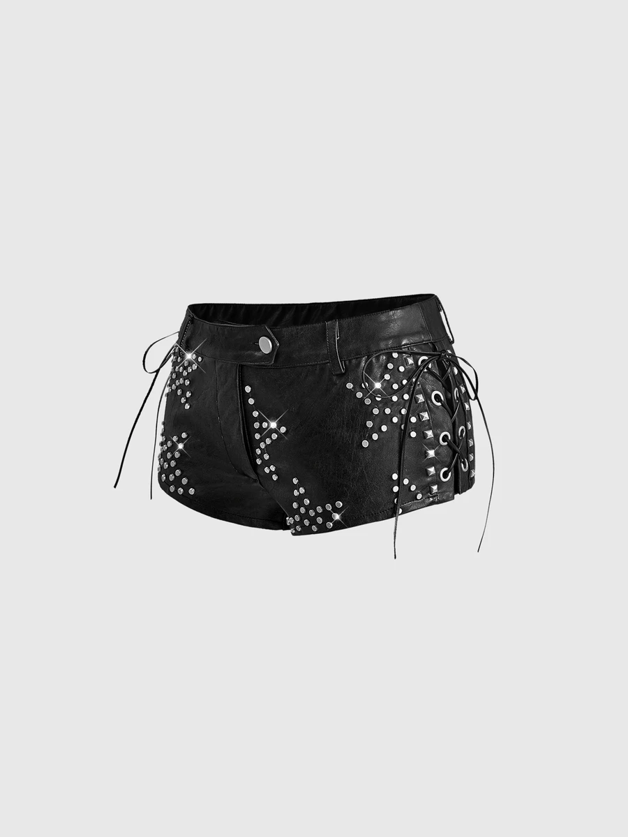 ROMWE Grunge Punk Punk Party Five-Point Star Metal Rivet Vintage PU Lace-Up Design Low Waist Mini Fitted Shorts - Black - View 1