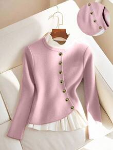 SHEIN LUNE Women's Solid Color Elegant Contrast Color Long Sleeve T-Shirt, Autumn - Baby Pink - View 1