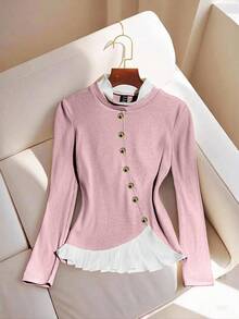 SHEIN LUNE Women's Solid Color Elegant Contrast Color Long Sleeve T-Shirt, Autumn - Baby Pink - View 3