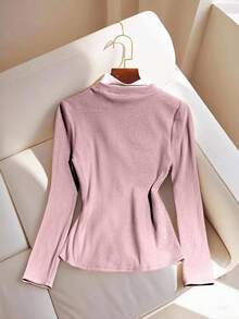 SHEIN LUNE Women's Solid Color Elegant Contrast Color Long Sleeve T-Shirt, Autumn - Baby Pink - View 2