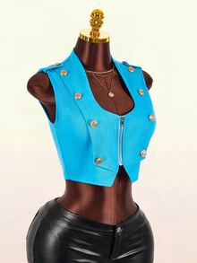 Amplova Zip Up Button Decor Crop Vest Jacket - Blue - View 9