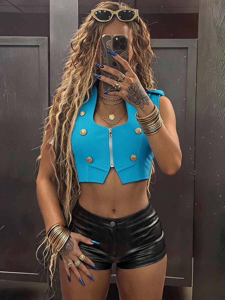 Amplova Zip Up Button Decor Crop Vest Jacket - Blue - View 1