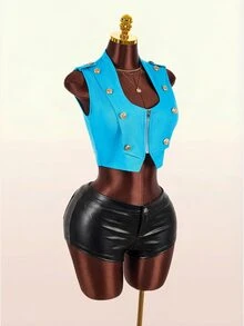Amplova Zip Up Button Decor Crop Vest Jacket - Blue - View 8