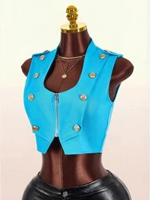 Amplova Zip Up Button Decor Crop Vest Jacket - Blue - View 4