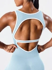 SHEIN Sports 女款無縫露背運動連身短褲，附飾邊 - 淺藍色 - 查看 10